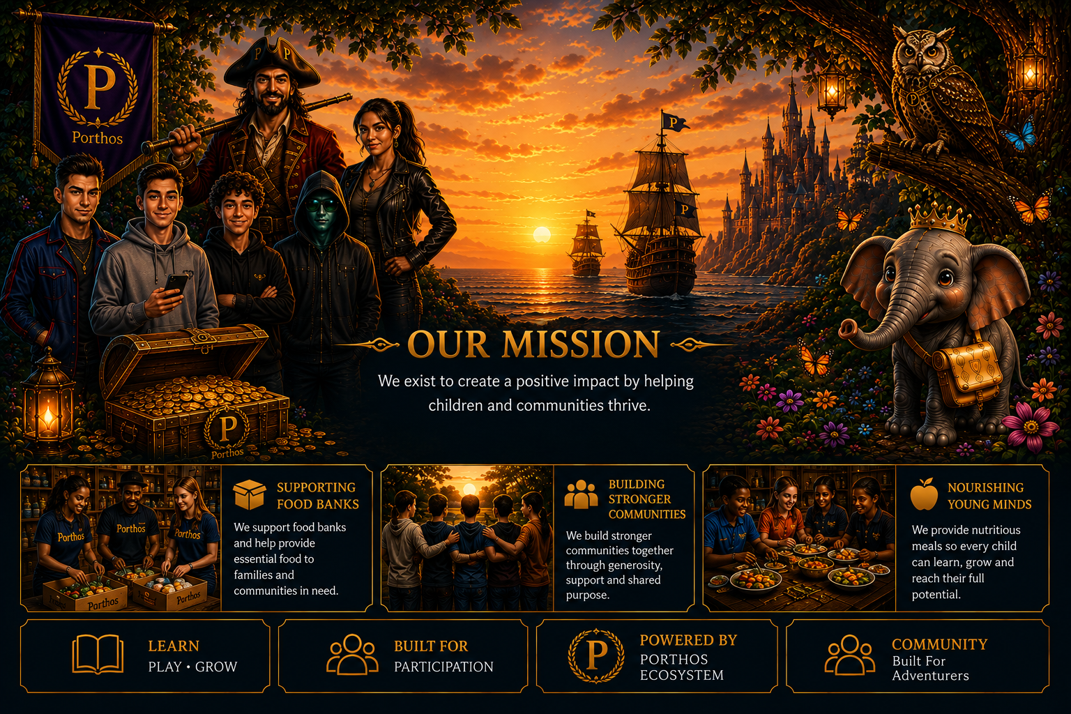Porthos: The Quiz Adventure -- pirate captain and crew beside a treasure chest at sunset, with an owl and a young elephant among the trees.